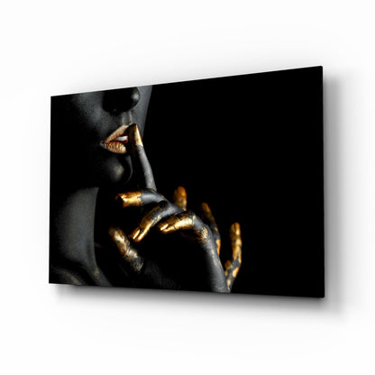 Gold Lips Hush Gesture Glass Wall Art