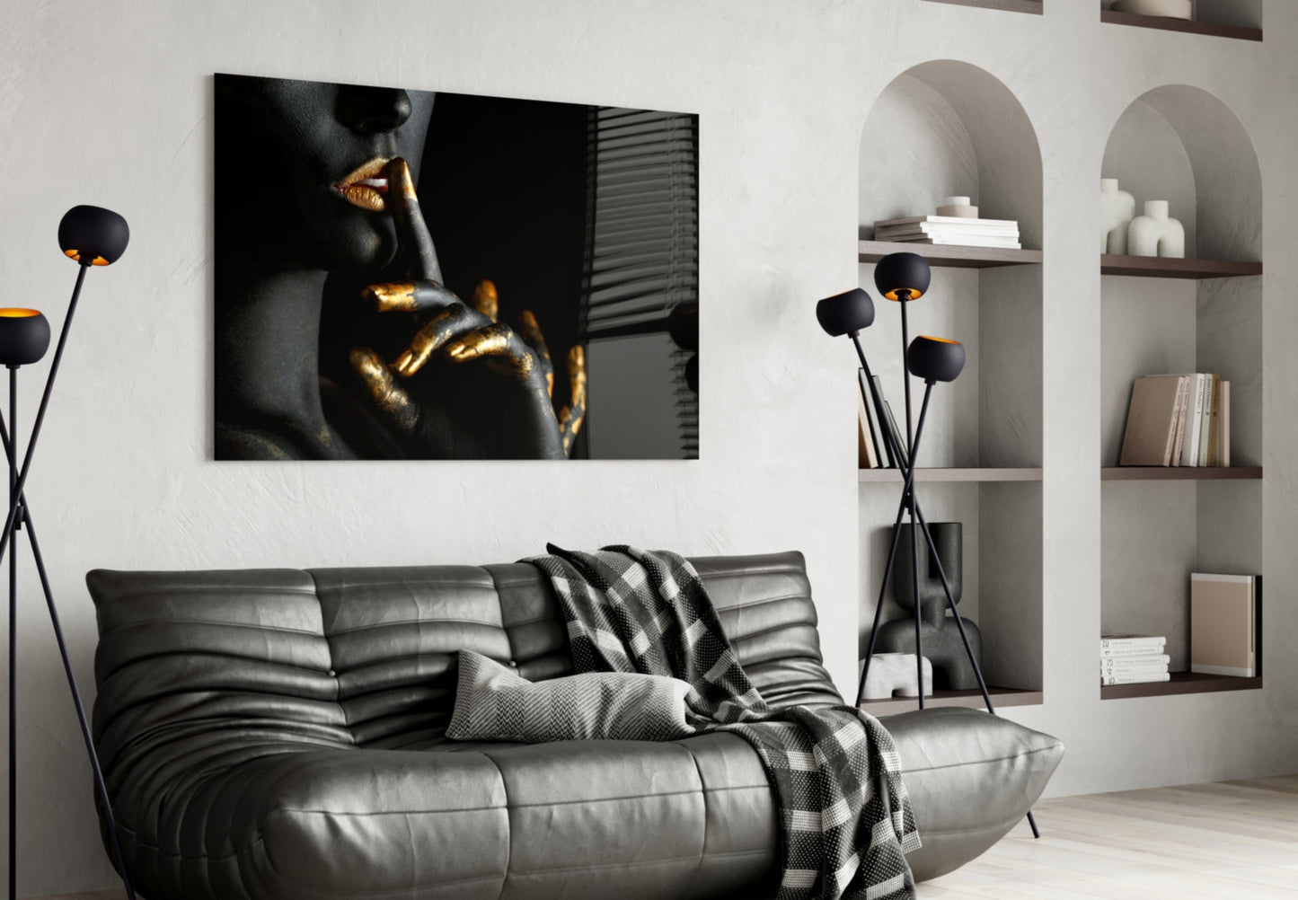 Gold Lips Hush Gesture Glass Wall Art