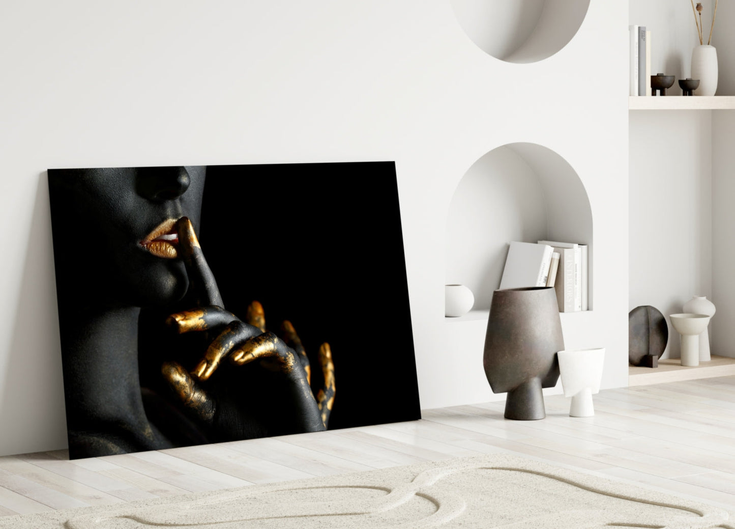 Gold Lips Hush Gesture Glass Wall Art