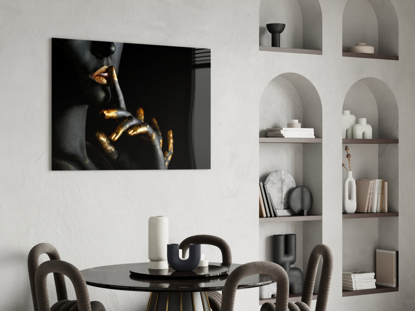 Gold Lips Hush Gesture Glass Wall Art