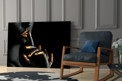 Gold Lips Hush Gesture Glass Wall Art