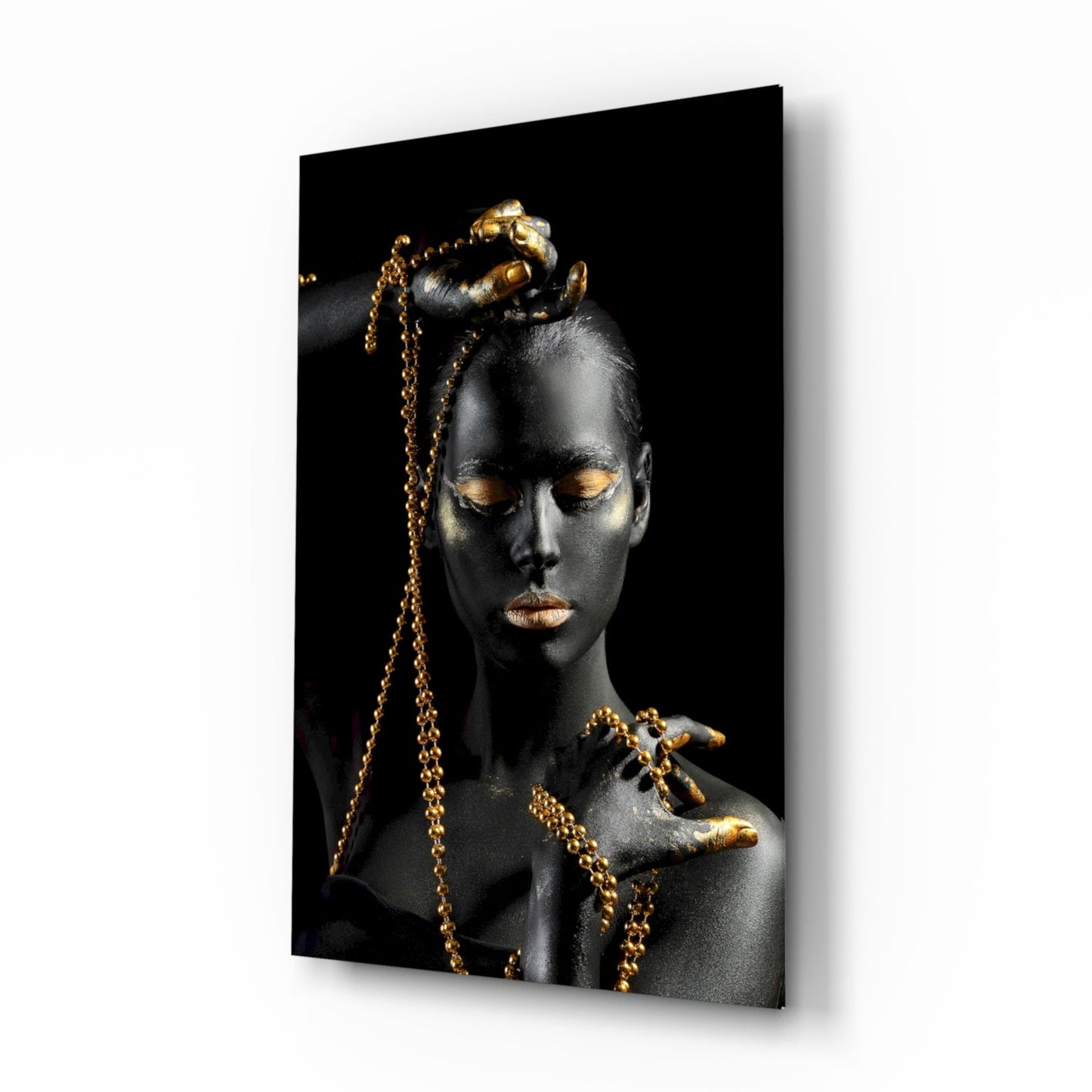 Gold bead chain woman glass wall art
