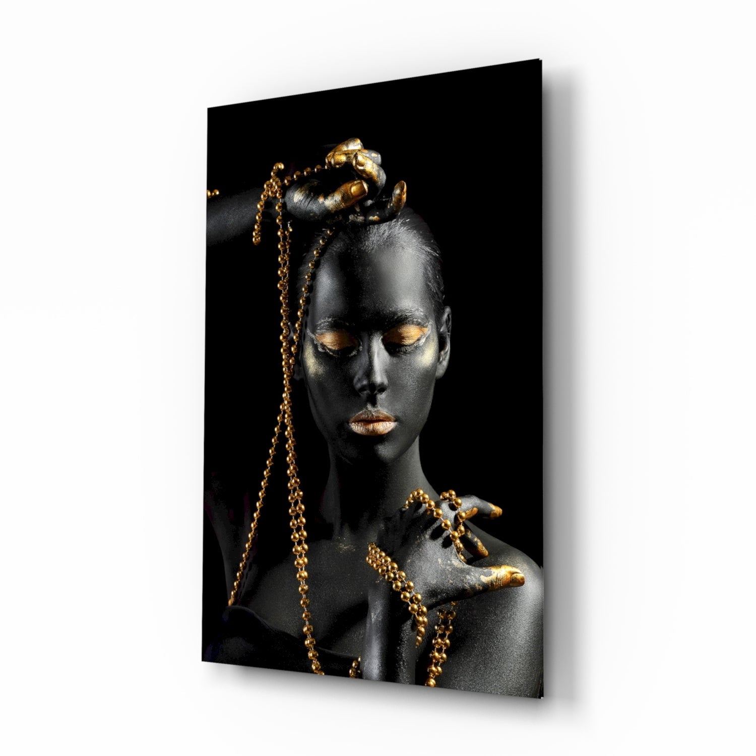 Gold bead chain woman glass wall art