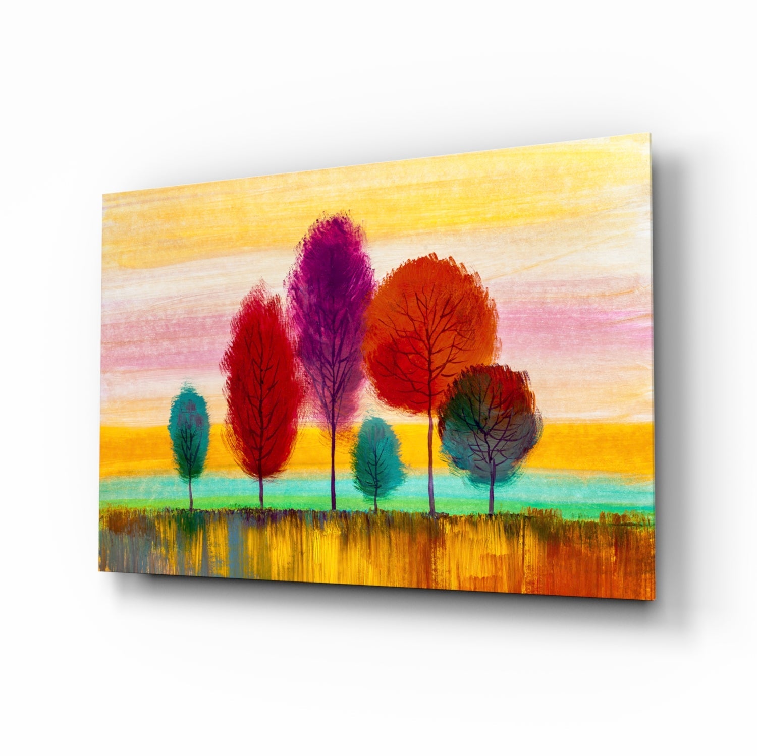 Slender trees golden sunset glass wall art