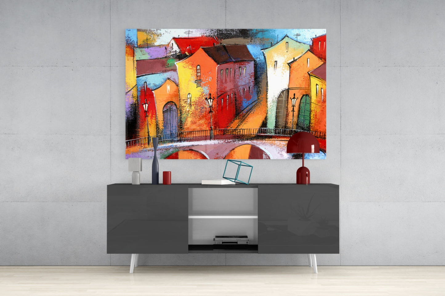 Village Row Houses Stone Bridge Glass Wall Art