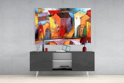 Village Row Houses Stone Bridge Glass Wall Art