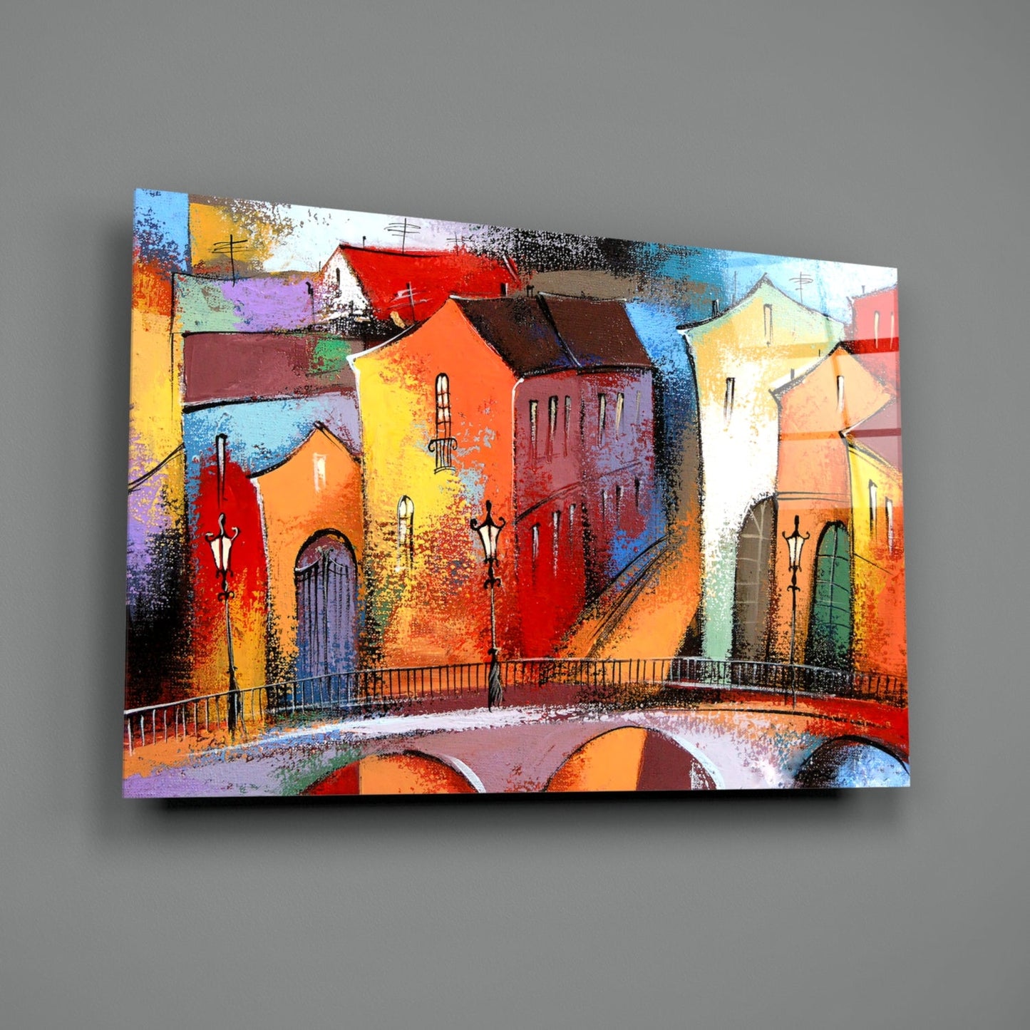 Village Row Houses Stone Bridge Glass Wall Art