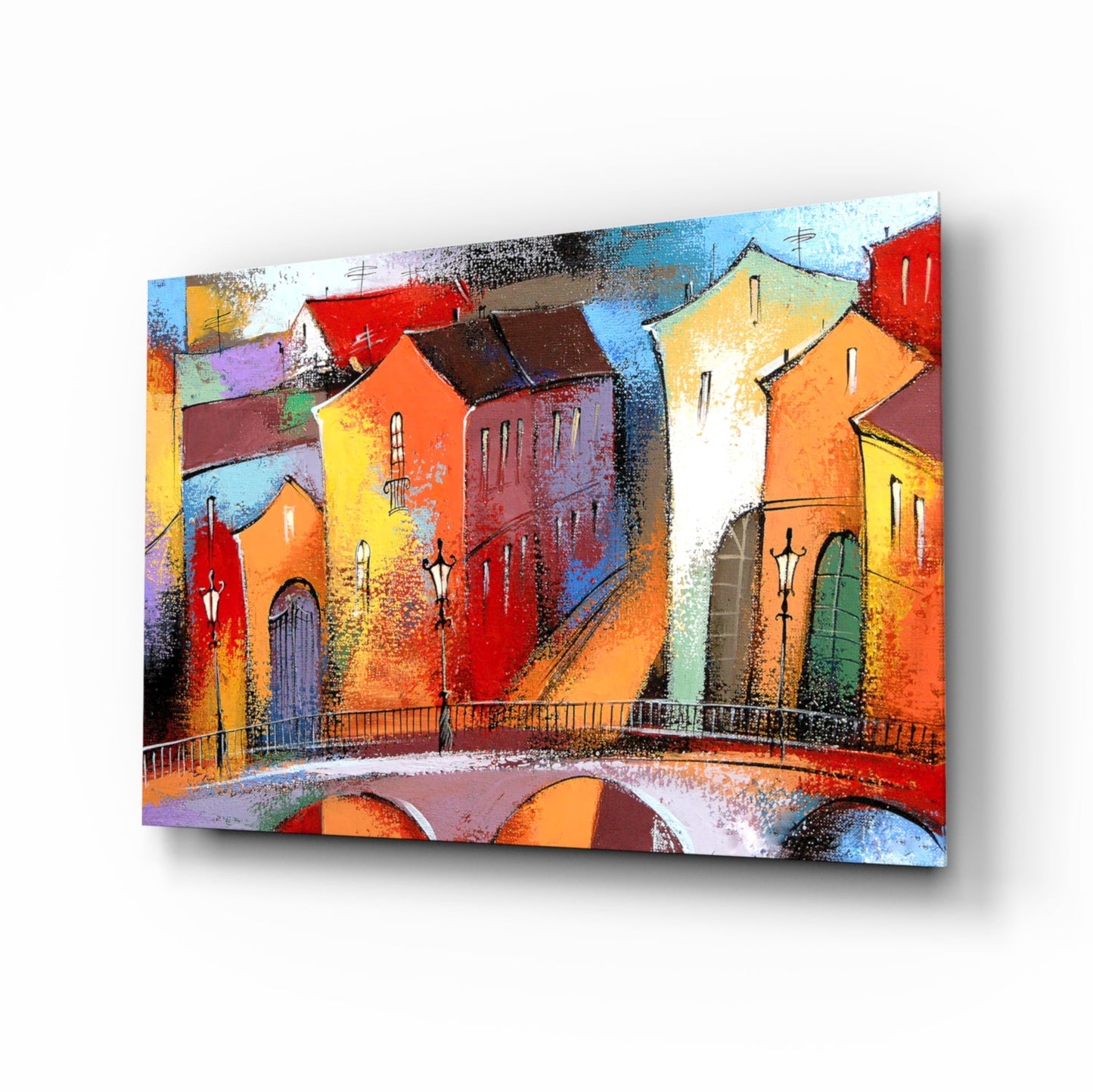 Village row houses stone bridge glass wall art