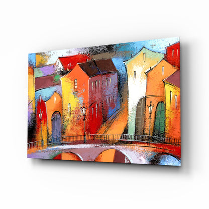 Village row houses stone bridge glass wall art