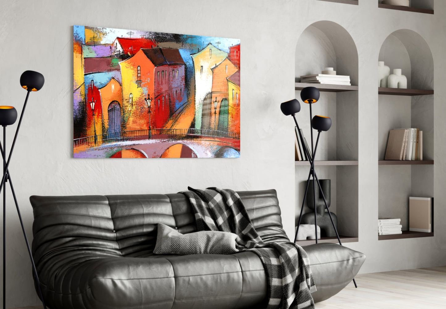 Village Row Houses Stone Bridge Glass Wall Art