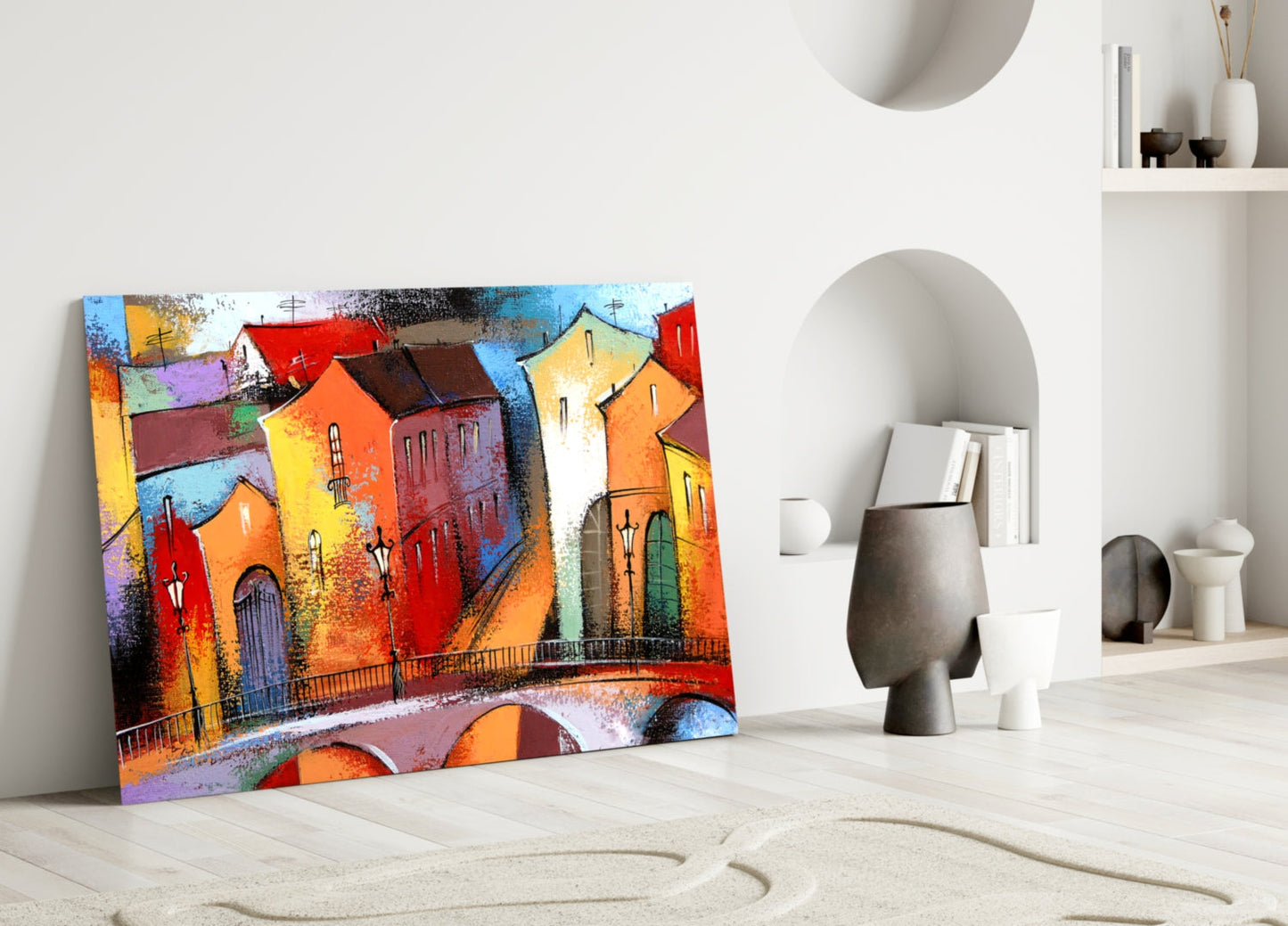 Village Row Houses Stone Bridge Glass Wall Art