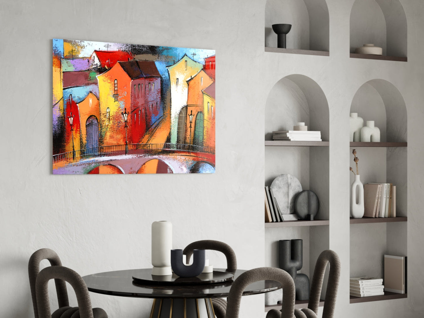 Village Row Houses Stone Bridge Glass Wall Art