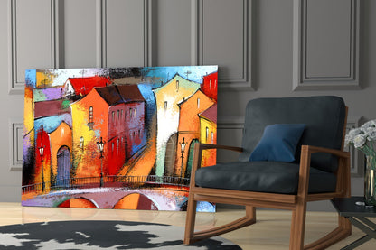 Village Row Houses Stone Bridge Glass Wall Art