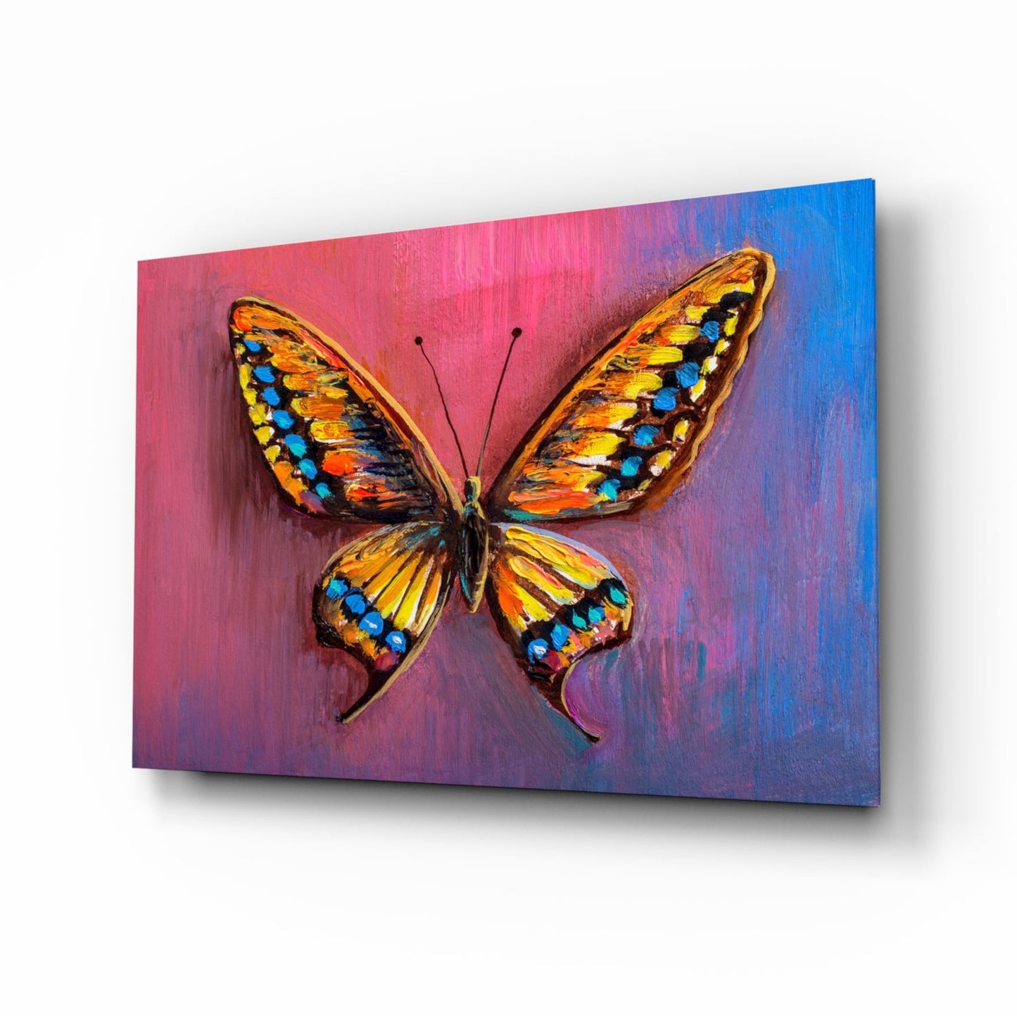 Butterfly glass wall art saffron magenta tempered glass
