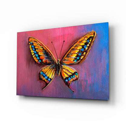 Butterfly glass wall art saffron magenta tempered glass