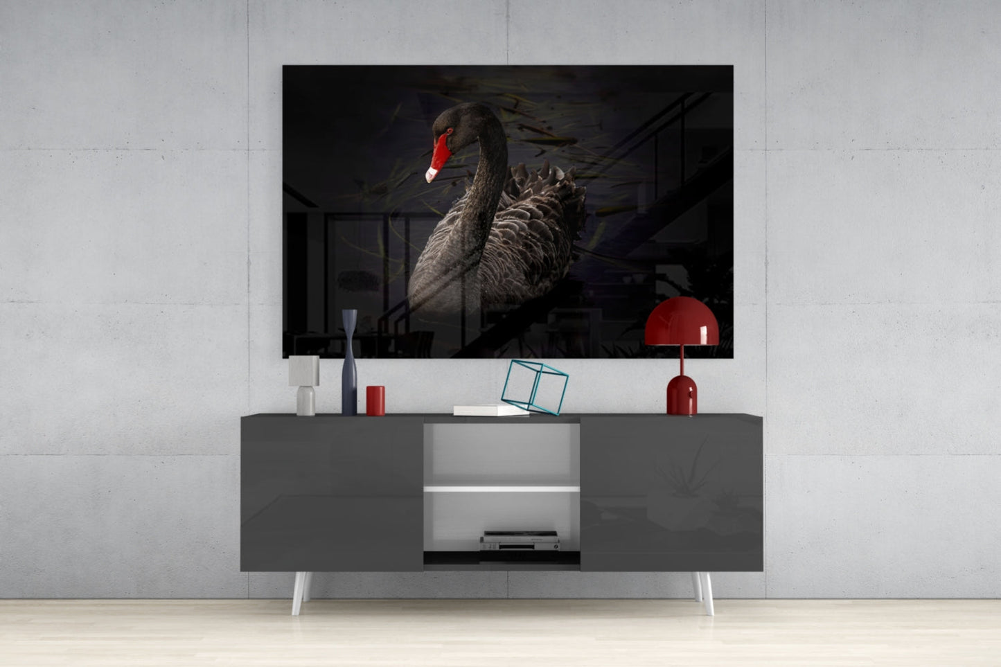 Black Swan Glass Wall Art Moody Bird Print