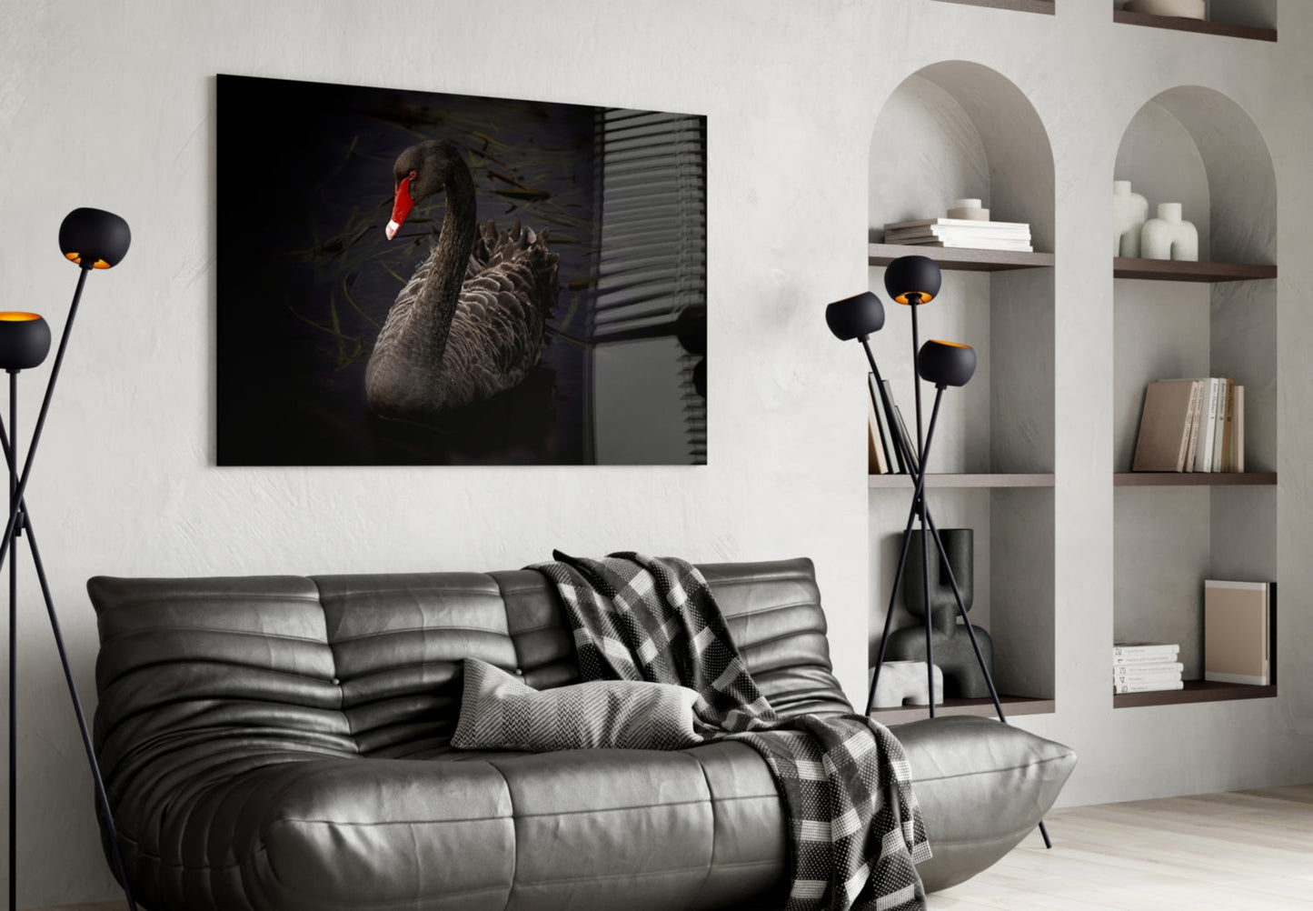 Black Swan Glass Wall Art Moody Bird Print