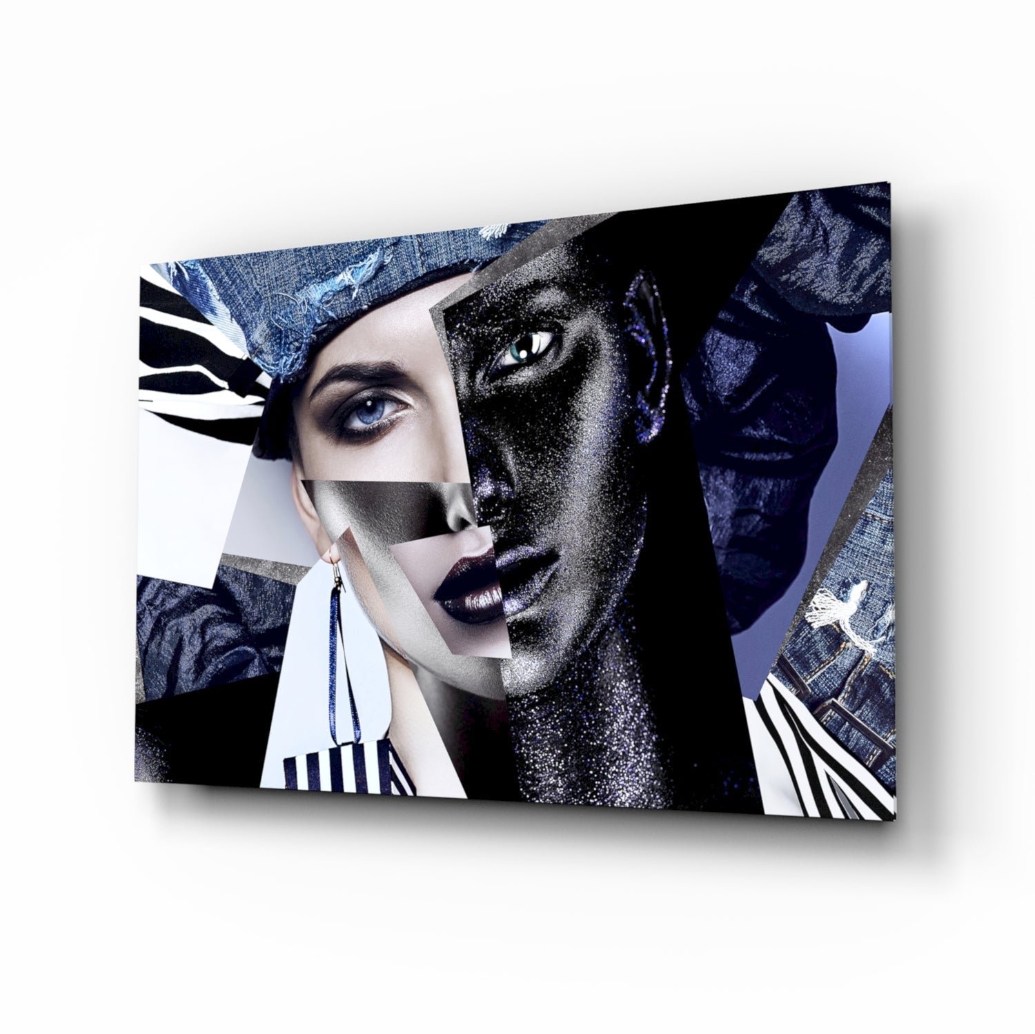 Abstract Woman Portrait glass wall art in cobalt and charcoal