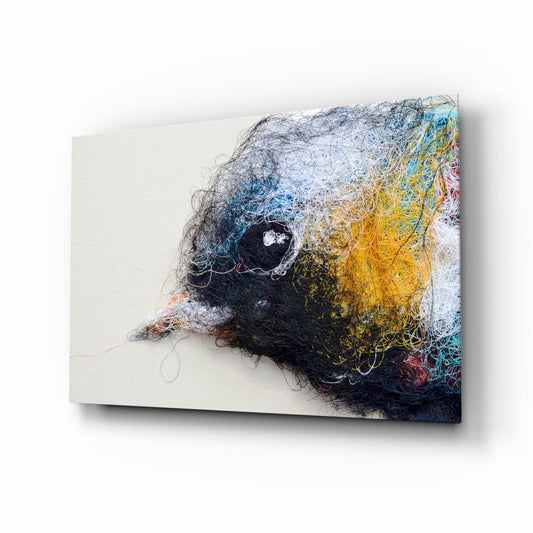 Tiny bird embroidery glass wall art - sparrow in thread art style on cream ground, tempered glass