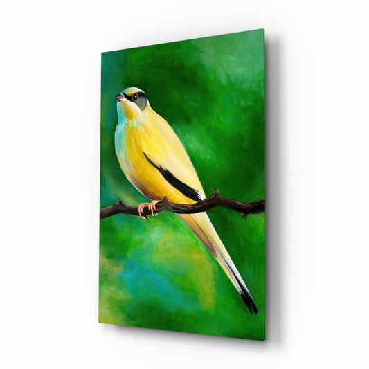 Yellow vine bird glass wall art - yellow songbird on emerald branch in oil-painting style, tempered glass