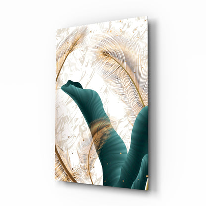 Green leaves glass wall art botanical illustration