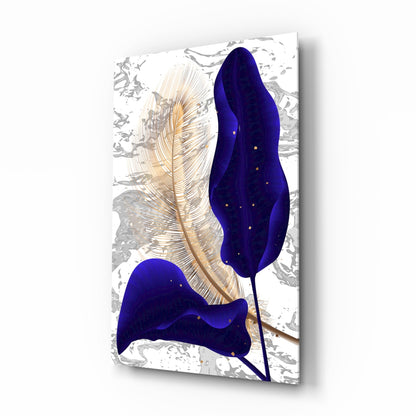 Indigo and gold leaves glass wall art, violet calla leaves and golden fern on marble
