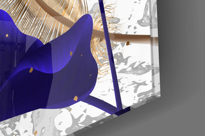 Indigo and Gold Leaves Glass Wall Art
