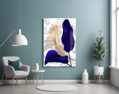 Indigo and Gold Leaves Glass Wall Art