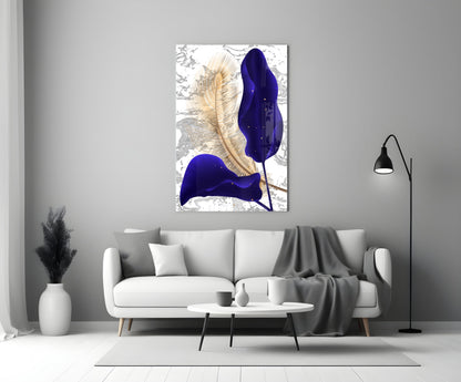 Indigo and Gold Leaves Glass Wall Art