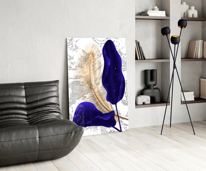 Indigo and Gold Leaves Glass Wall Art