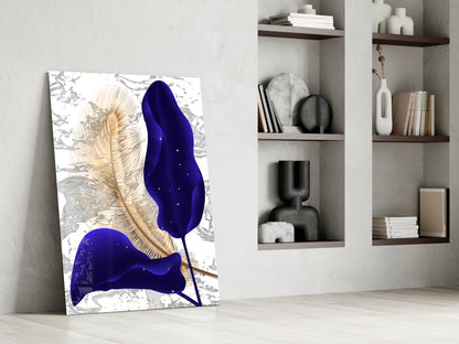 Indigo and Gold Leaves Glass Wall Art