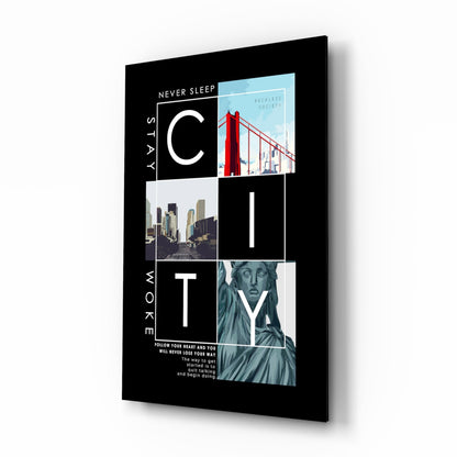 City Skyline Poster Glass Wall Art with landmarks and block lettering
