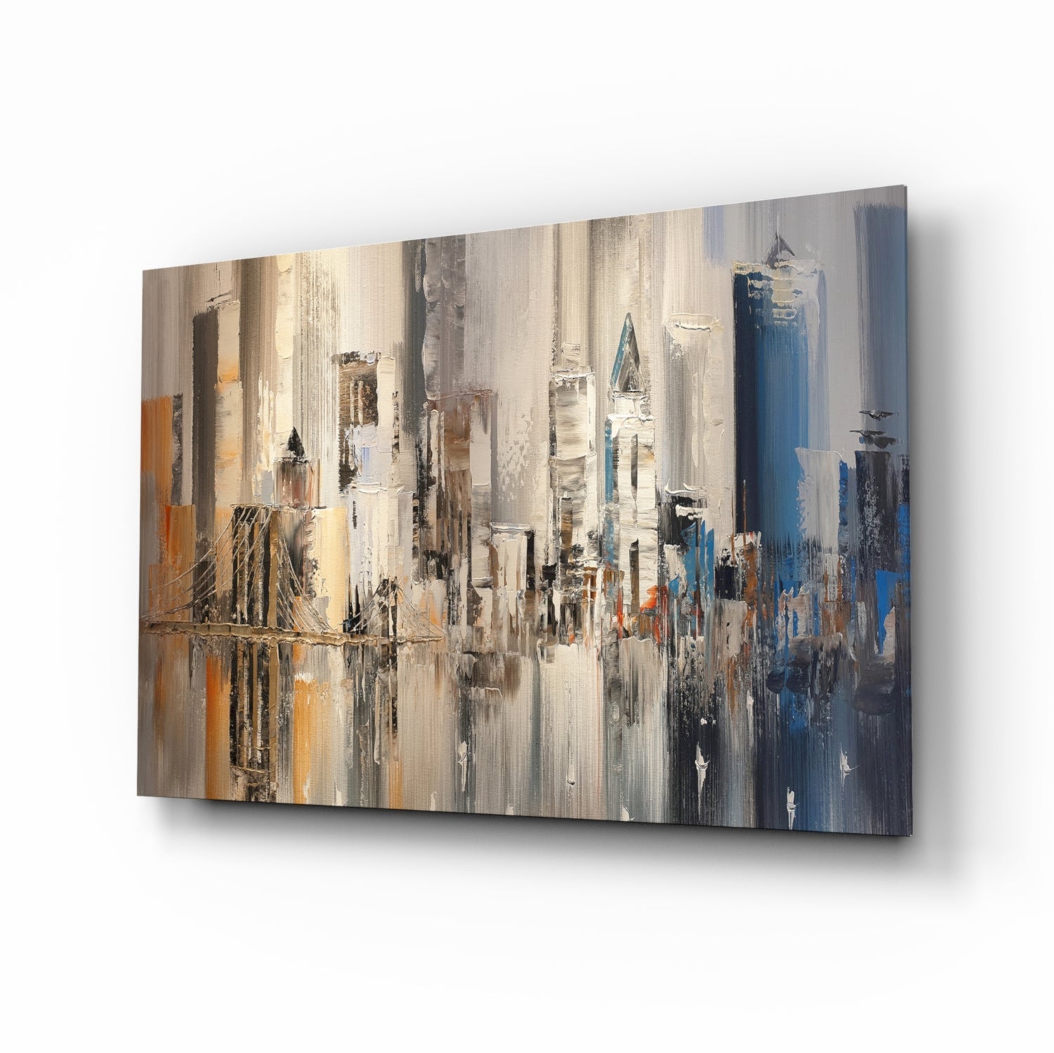 Abstract City glass wall art with dripping cityscape design