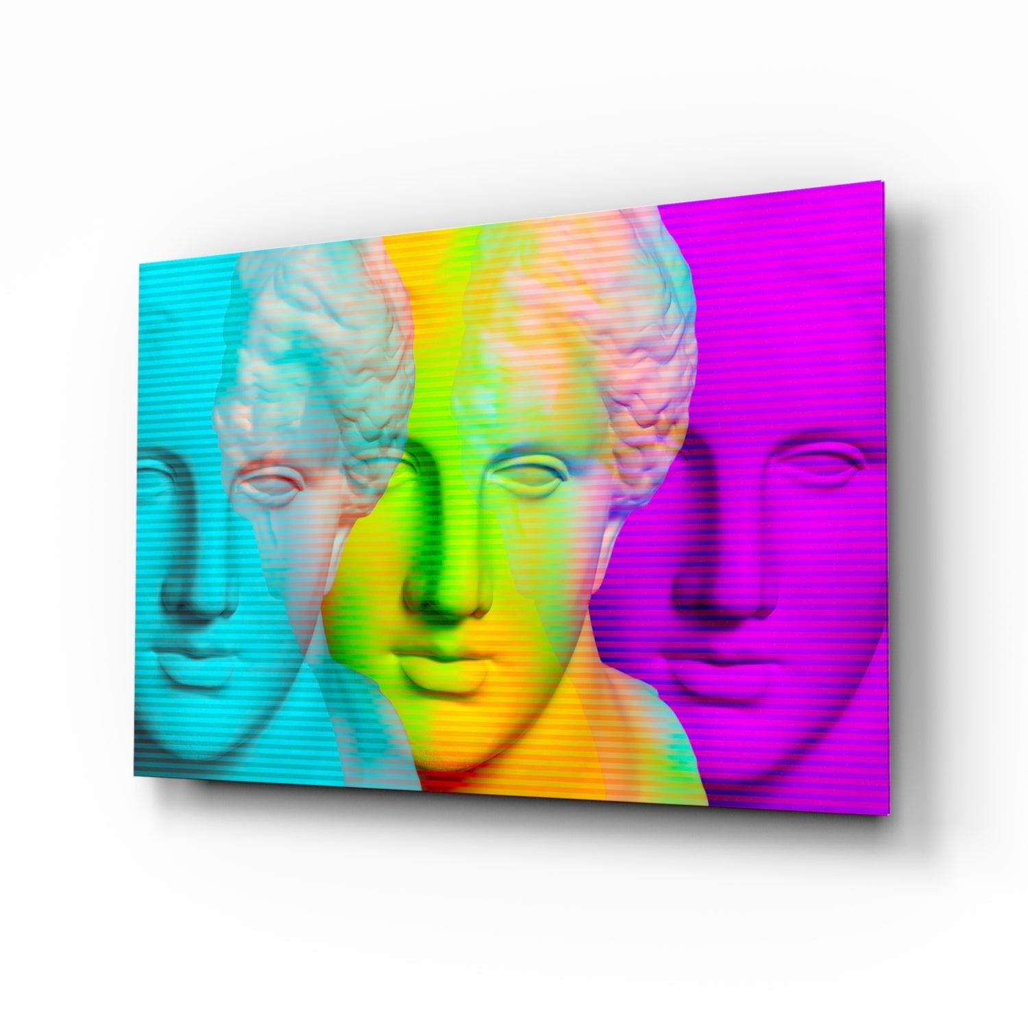 Vaporwave Apollo bust glass wall art with rainbow scanlines