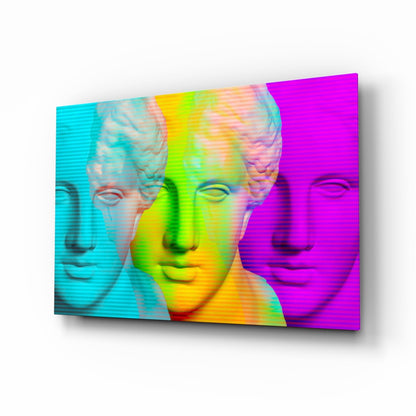 Vaporwave Apollo bust glass wall art with rainbow scanlines