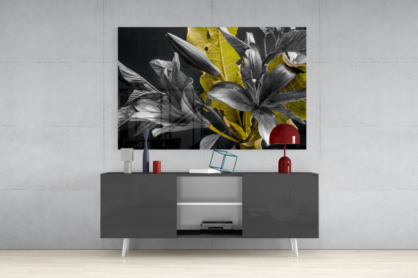 Gold Leaf Lilies On Black Glass Wall Art