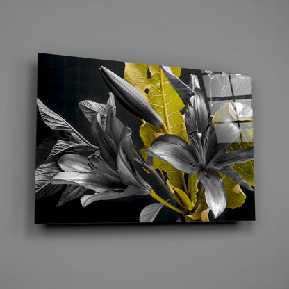 Gold Leaf Lilies On Black Glass Wall Art