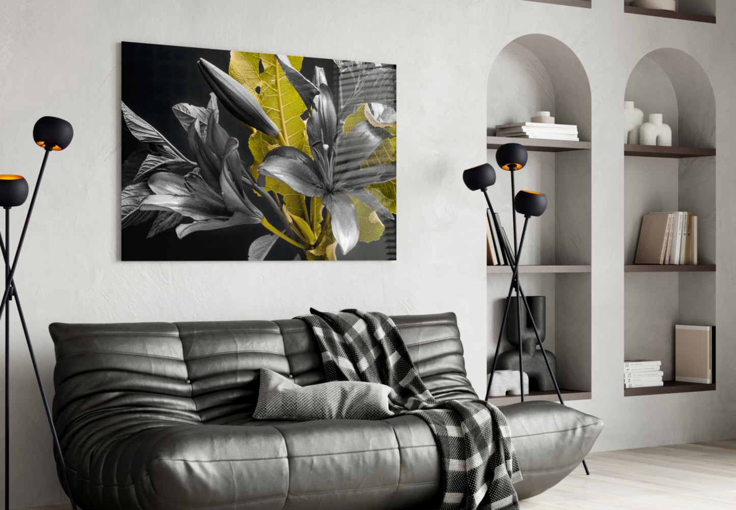 Gold Leaf Lilies On Black Glass Wall Art