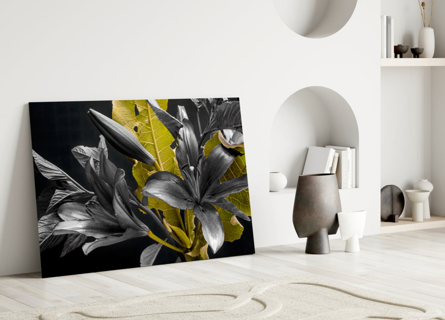 Gold Leaf Lilies On Black Glass Wall Art