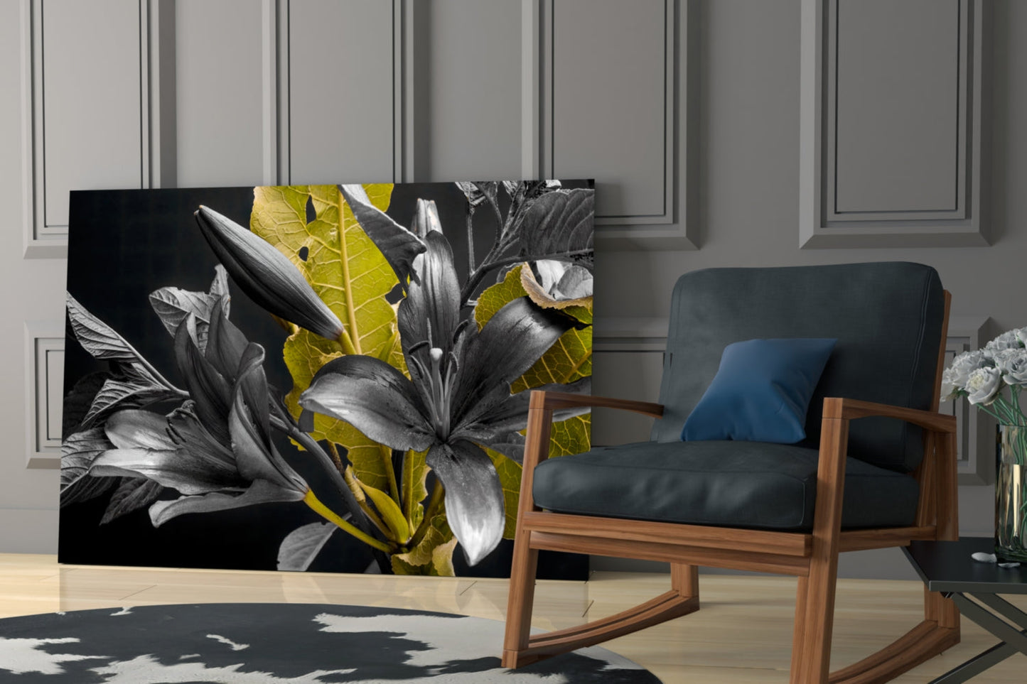 Gold Leaf Lilies On Black Glass Wall Art