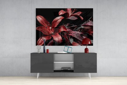 Crimson Lilies on Black Glass Wall Art