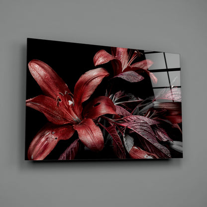 Crimson Lilies on Black Glass Wall Art
