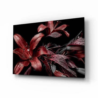 Crimson lilies on black glass wall art