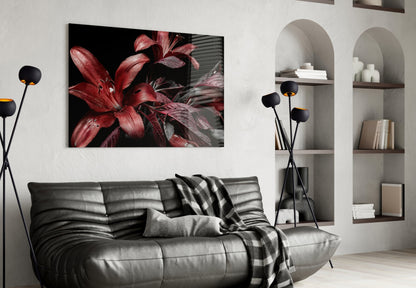Crimson Lilies on Black Glass Wall Art