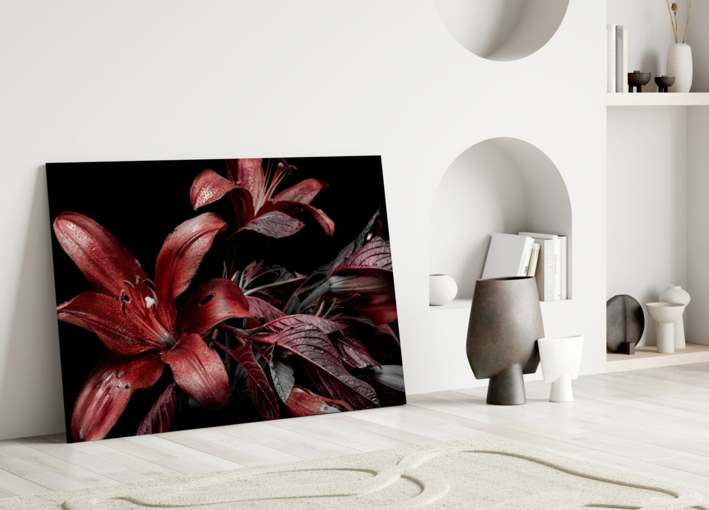 Crimson Lilies on Black Glass Wall Art