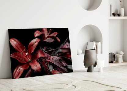Crimson Lilies on Black Glass Wall Art
