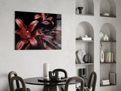 Crimson Lilies on Black Glass Wall Art