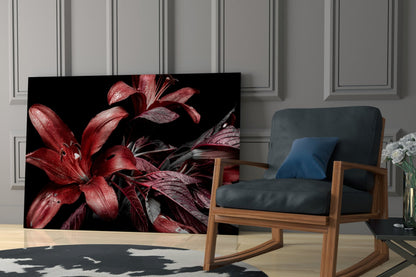 Crimson Lilies on Black Glass Wall Art