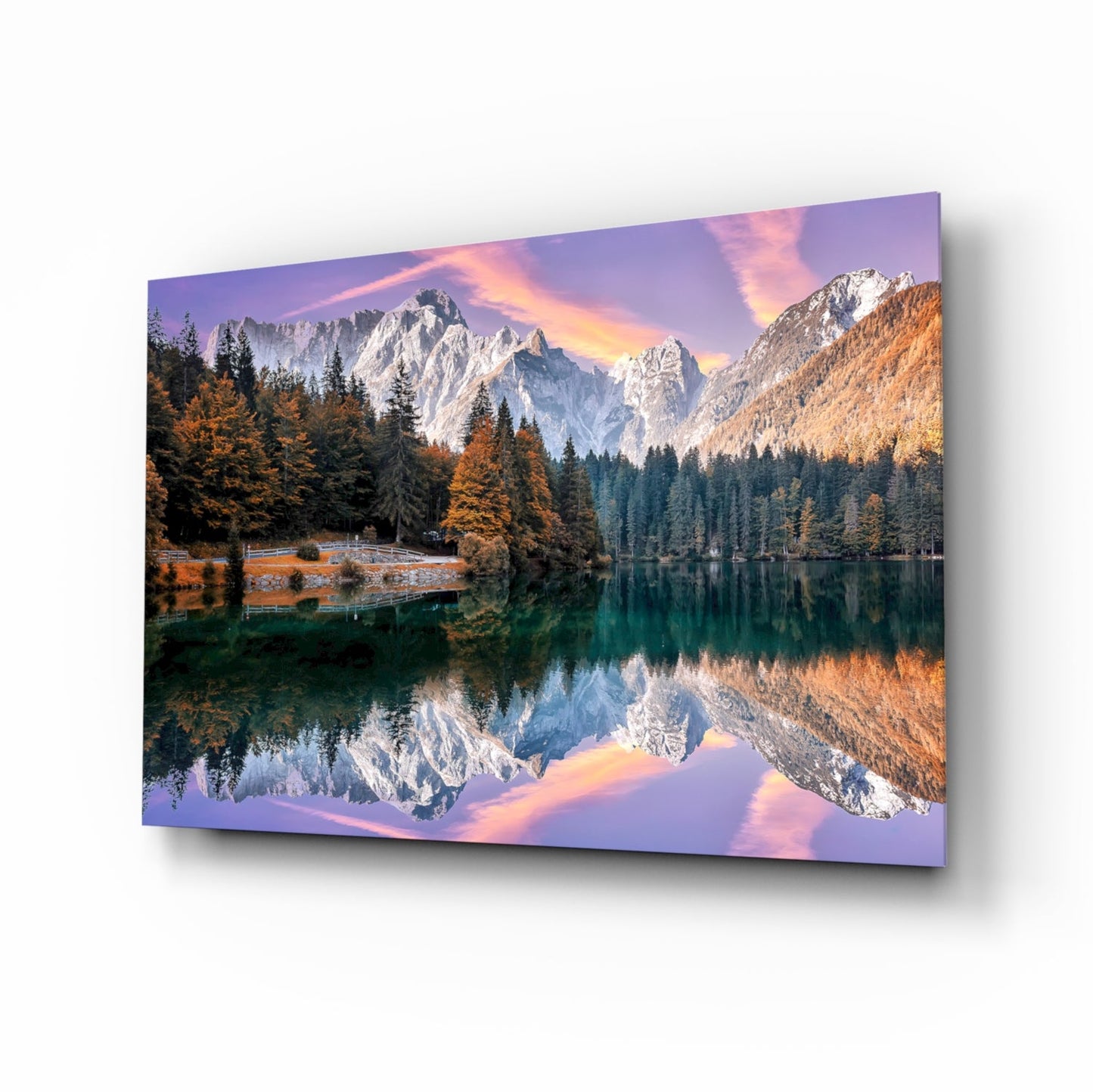 Alpine lake sunset glass wall art