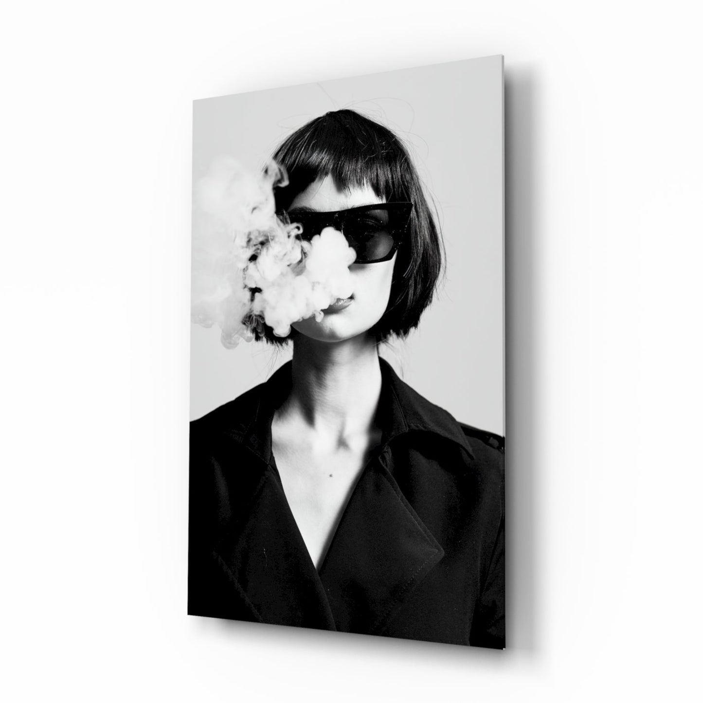 Black and white woman noir portrait glass wall art